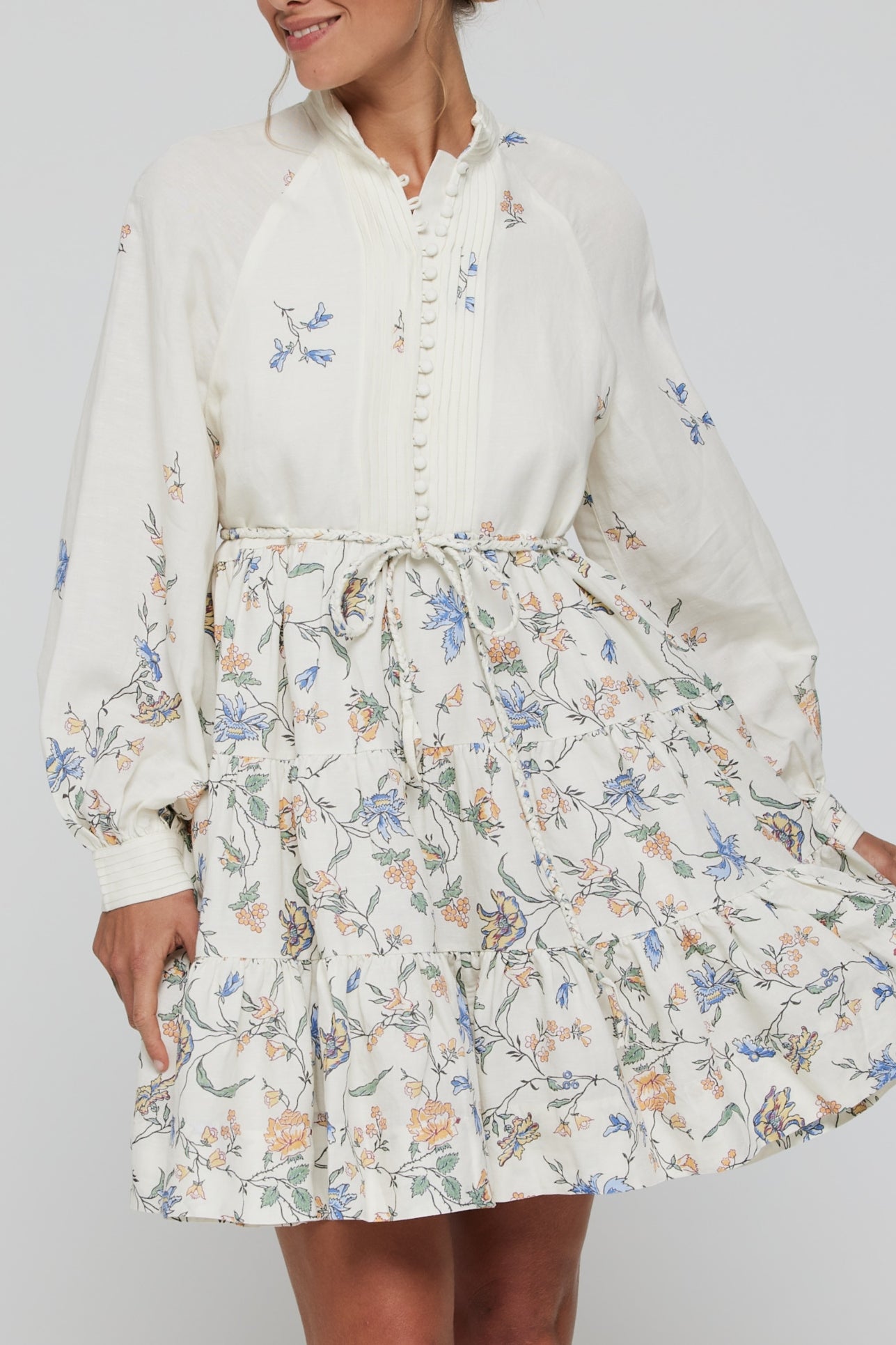 Favorite Louisa Tunic Belted Tie Mini Dress in Floral by Hermoza