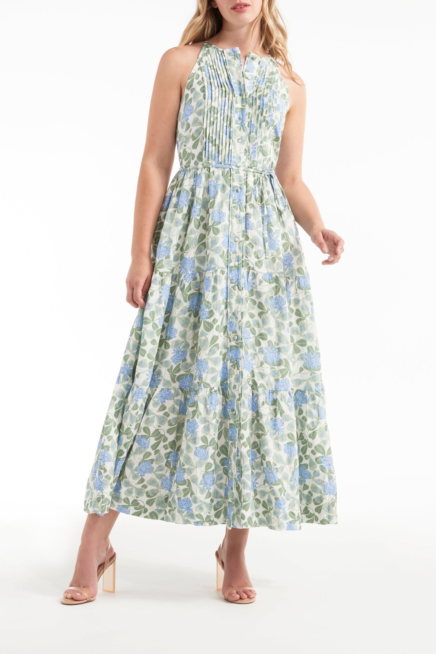 Favorite Hilde High Neck Halter Button Front Maxi Dress in Blue Floral by Hermoza