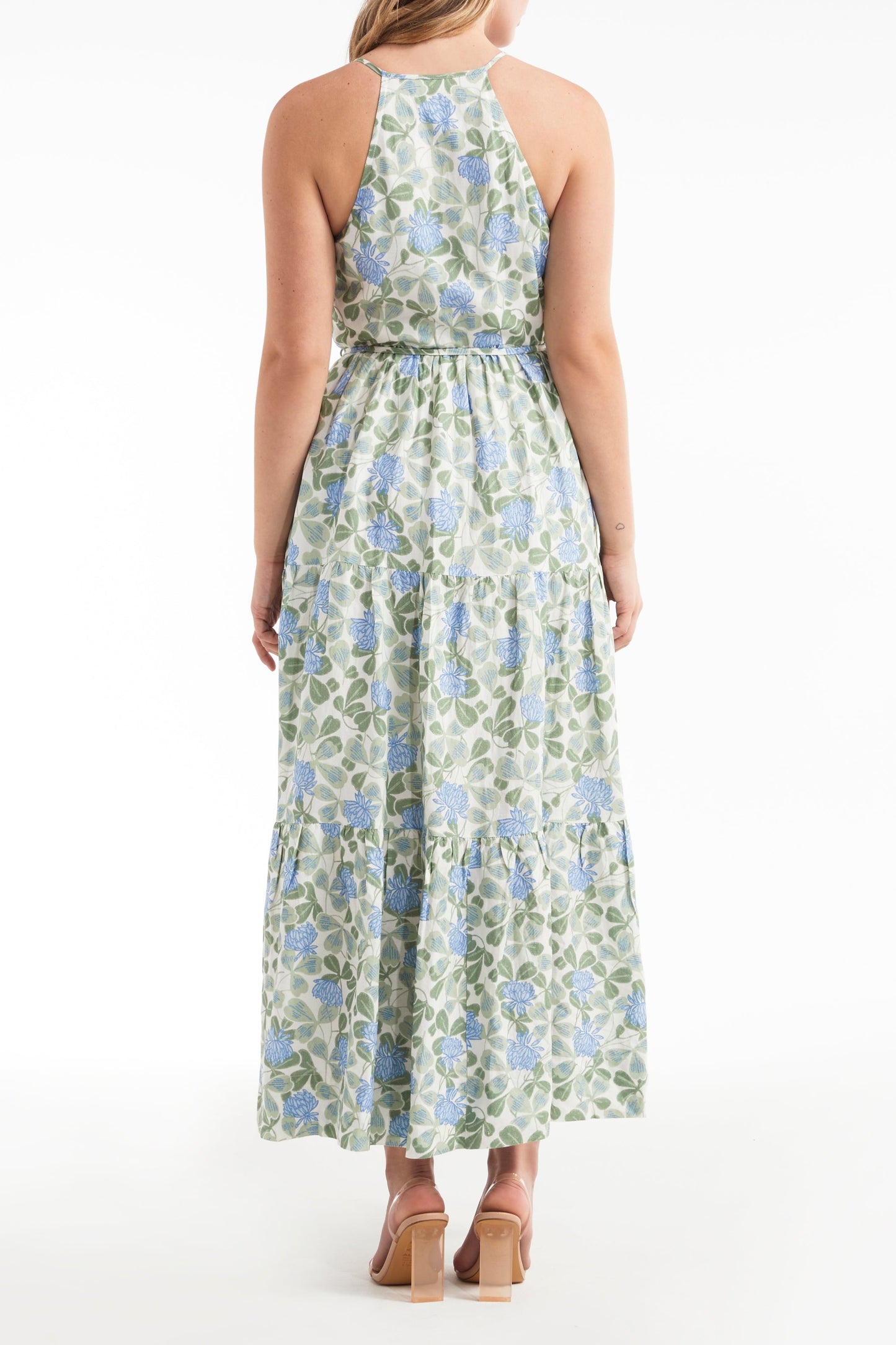 Favorite Hilde High Neck Halter Button Front Maxi Dress in Blue Floral by Hermoza