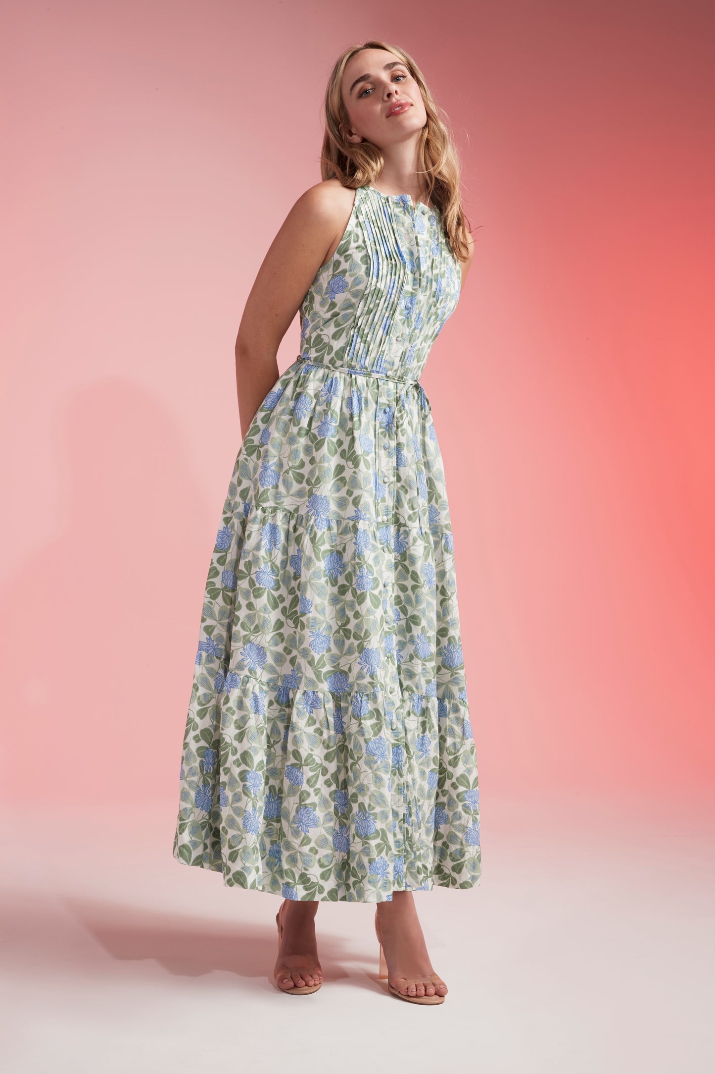 Favorite Hilde High Neck Halter Button Front Maxi Dress in Blue Floral by Hermoza