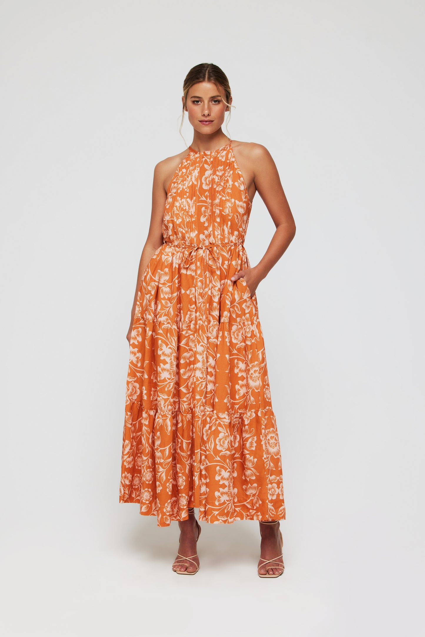 Favorite Hilde High Neck Halter Button Front Maxi Dress in Sicilian Orange Blossom by Hermoza