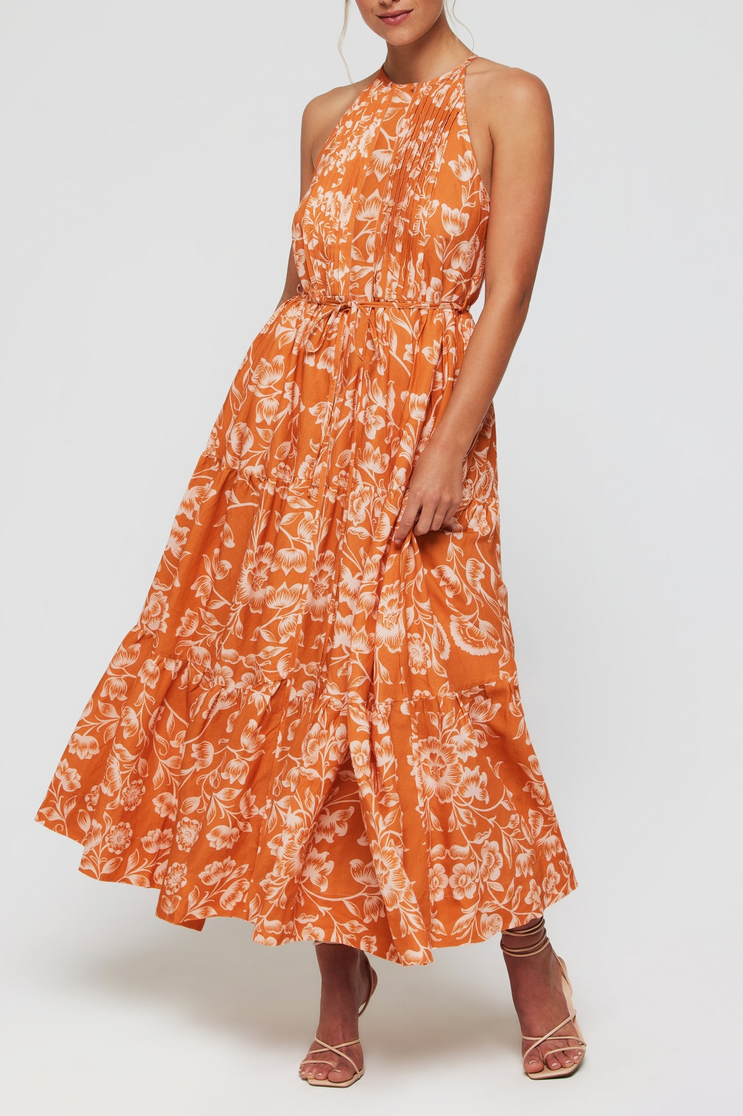Favorite Hilde High Neck Halter Button Front Maxi Dress in Sicilian Orange Blossom by Hermoza