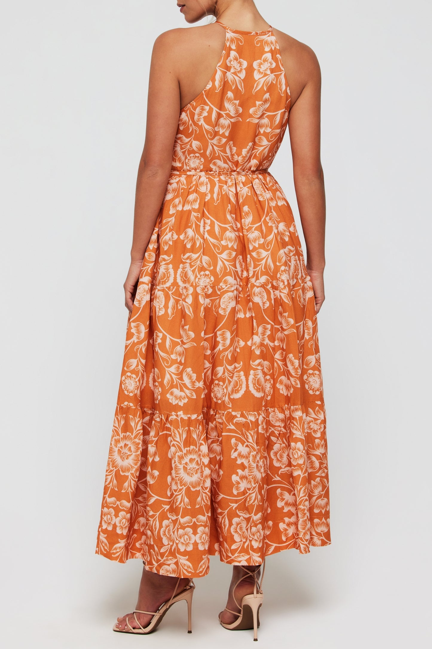 Favorite Hilde High Neck Halter Button Front Maxi Dress in Sicilian Orange Blossom by Hermoza