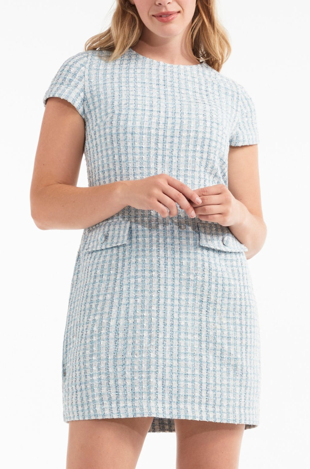 Best Seller Paola Short Sleeve Shift Mini Dress in Tweed Blue by Hermoza