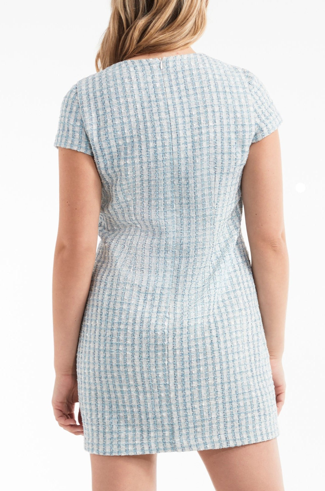 Best Seller Paola Short Sleeve Shift Mini Dress in Tweed Blue by Hermoza