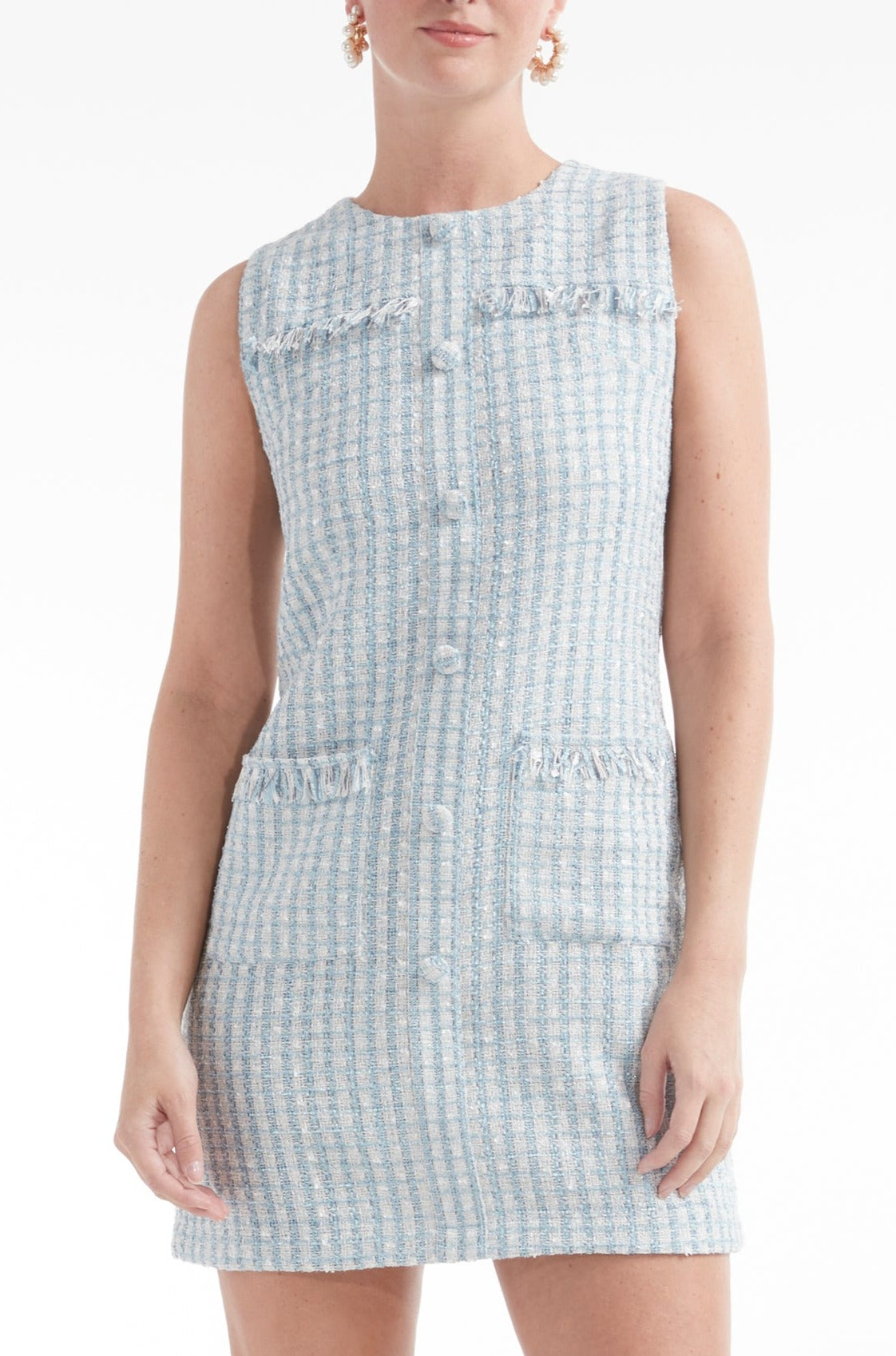 Favorite Fortunata Tweed Pocket Shift Mini Dress in Blue by Hermoza