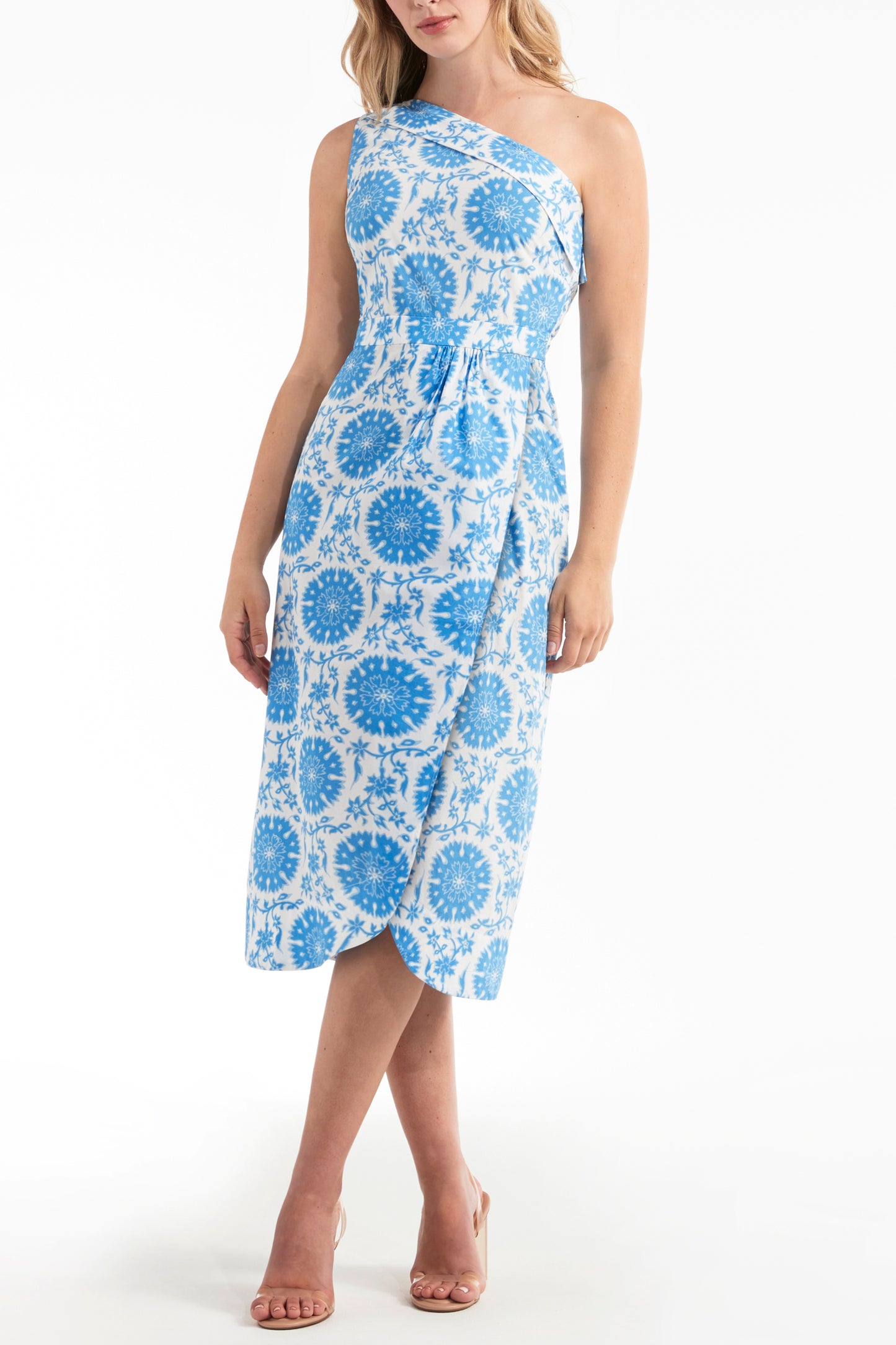 Favorite Charlotte One-Shoulder Midi Dress in Medallion Blue by Hermoza