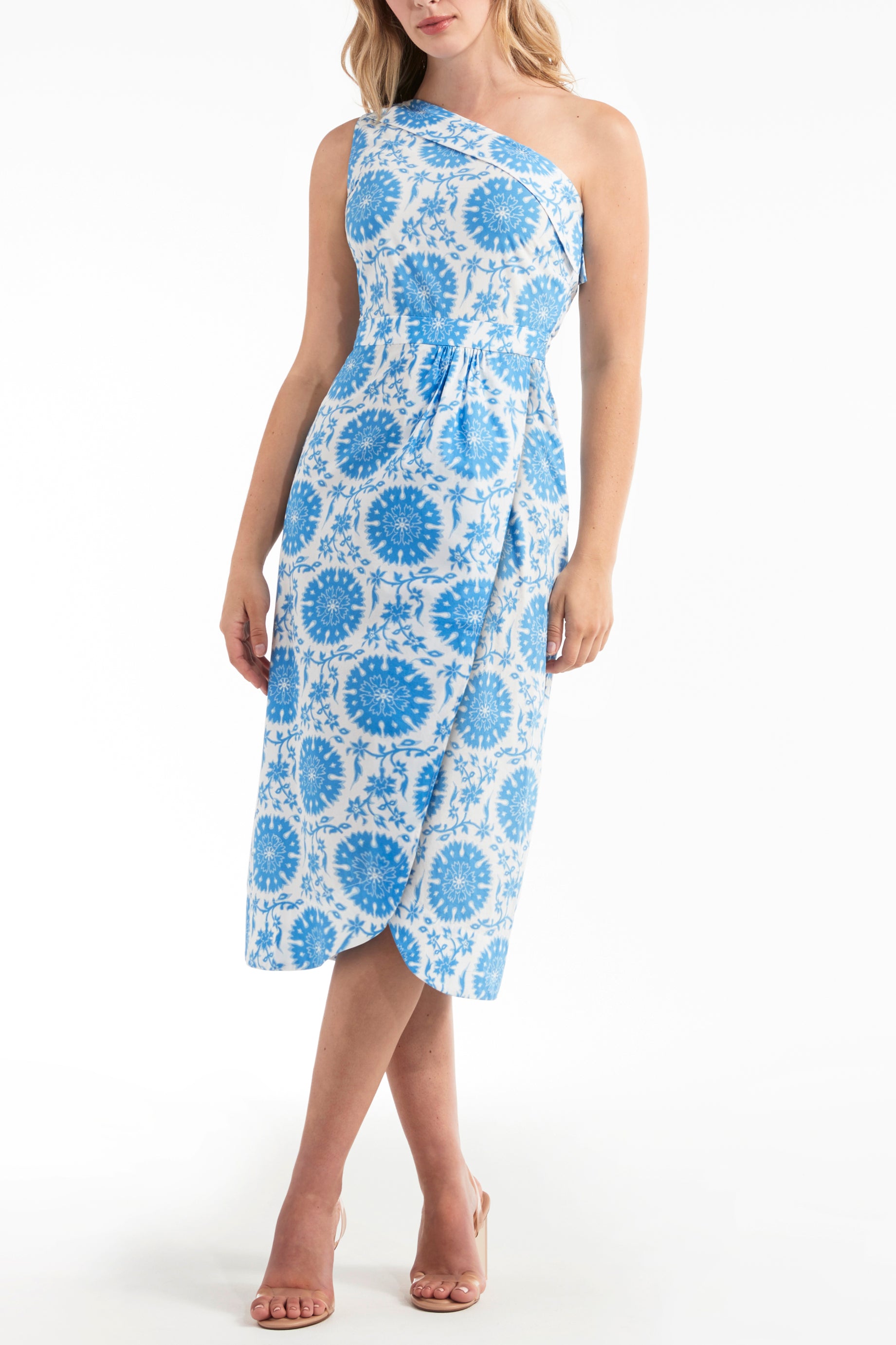 Favorite Charlotte One-Shoulder Midi Dress in Medallion Blue by Hermoza