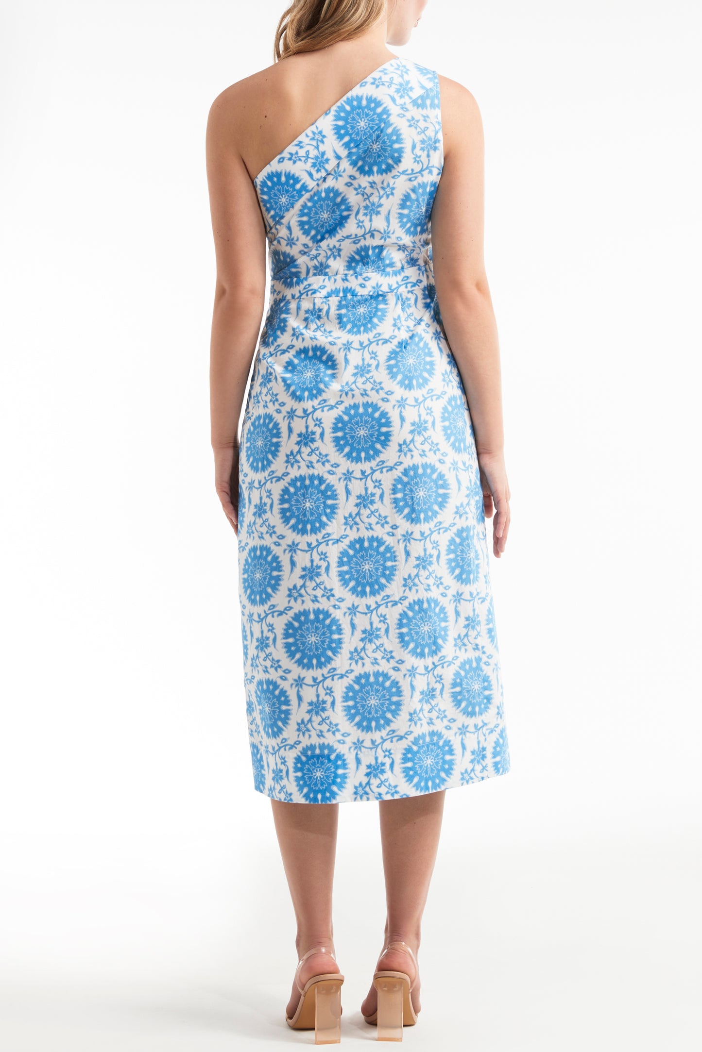 Favorite Charlotte One-Shoulder Midi Dress in Medallion Blue by Hermoza