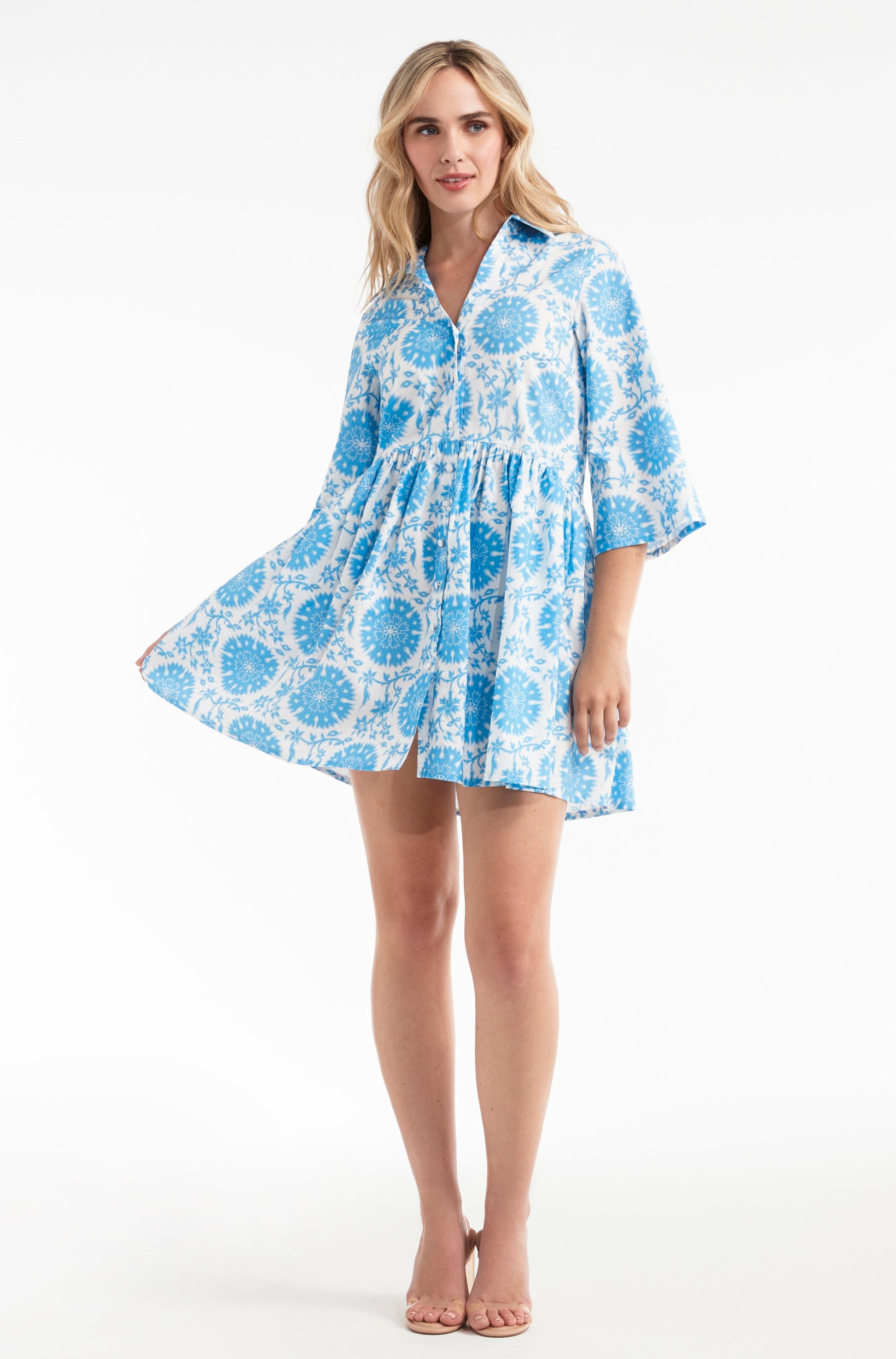 Favorite Katie Collared Mini Shirt Dress in Medallion Blue by Hermoza