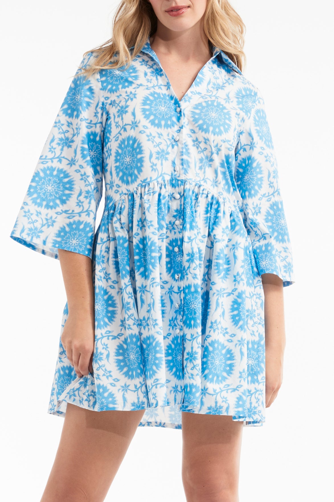Favorite Katie Collared Mini Shirt Dress in Medallion Blue by Hermoza
