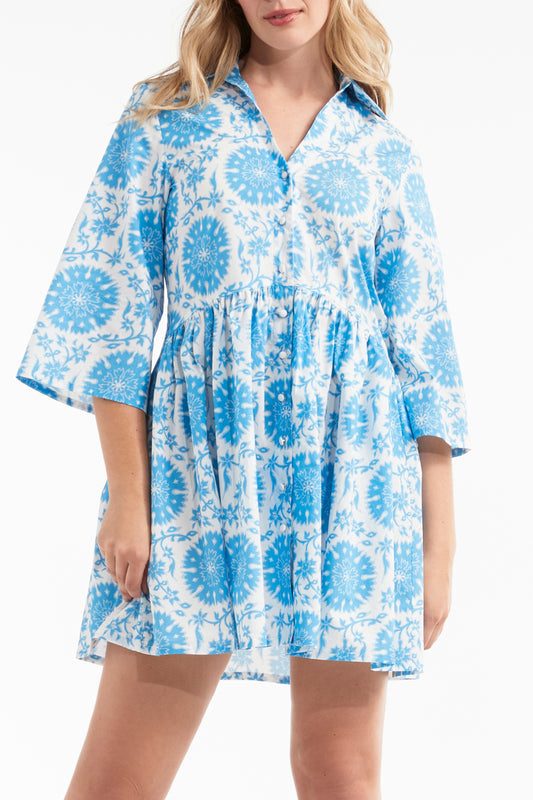 Favorite Katie Collared Mini Shirt Dress in Medallion Blue by Hermoza