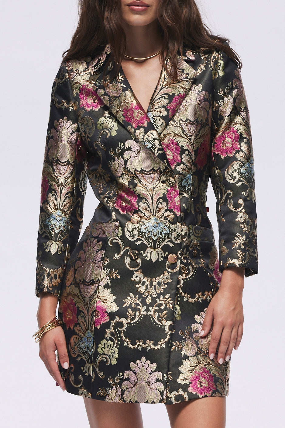 Favorite Luciana Tuxedo Jacket Mini Dress in Black Jacquard by Hermoza