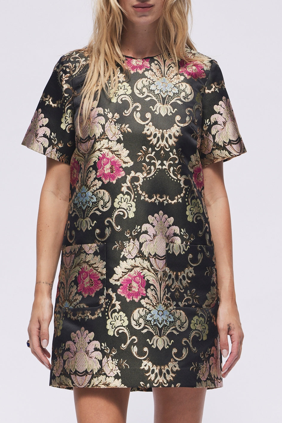 Favorite Joyce Shift Mini Dress in Black Jacquard by Hermoza