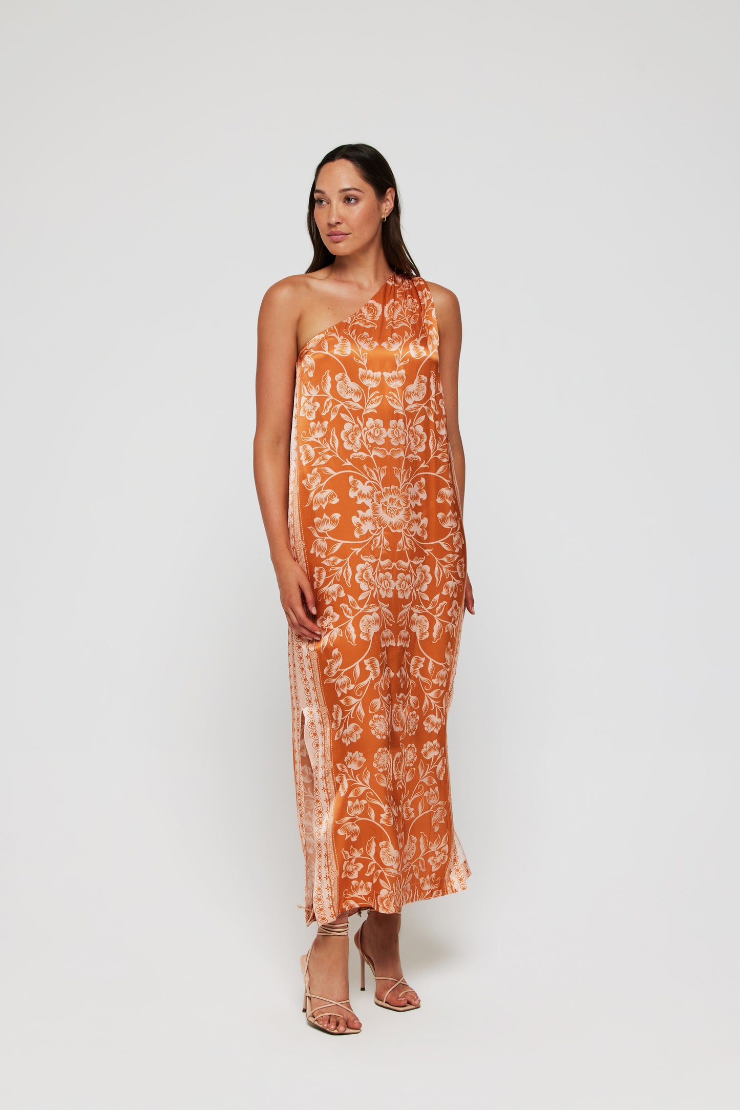 Favorite Giulia One Shoulder Silk Midi Dress in Sicilian Orange Blossom by Hermoza