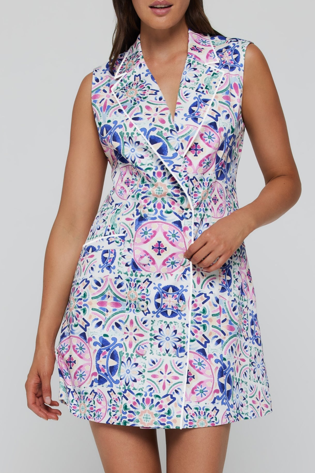 Favorite Martina Tuxedo Mini Dress in Purple Tile with White Binding by Hermoza