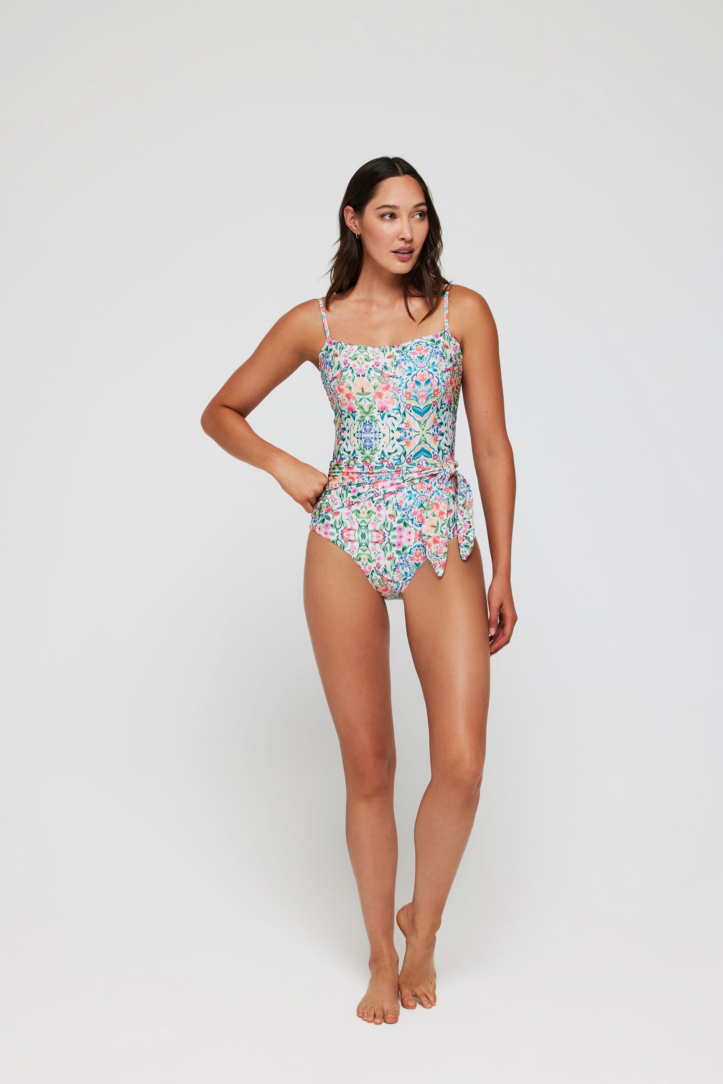 Genevieve Bandeau Square Neck Sash One-Piece Swimsuit