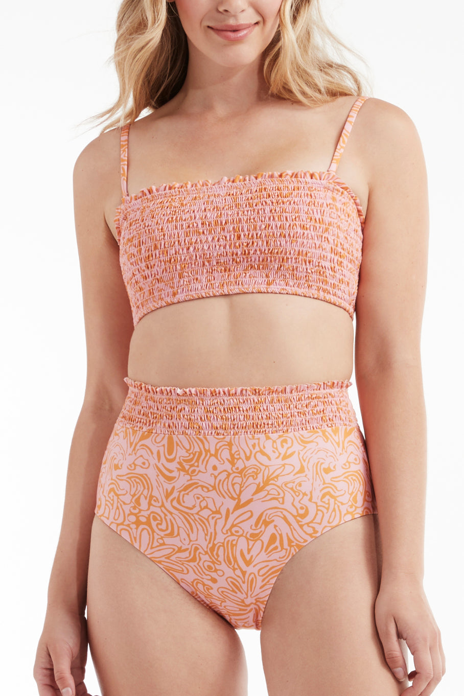 Favorite Hanna Smocked Removable Straps Two-Piece Bikini Top in Peach Medley by Hermoza