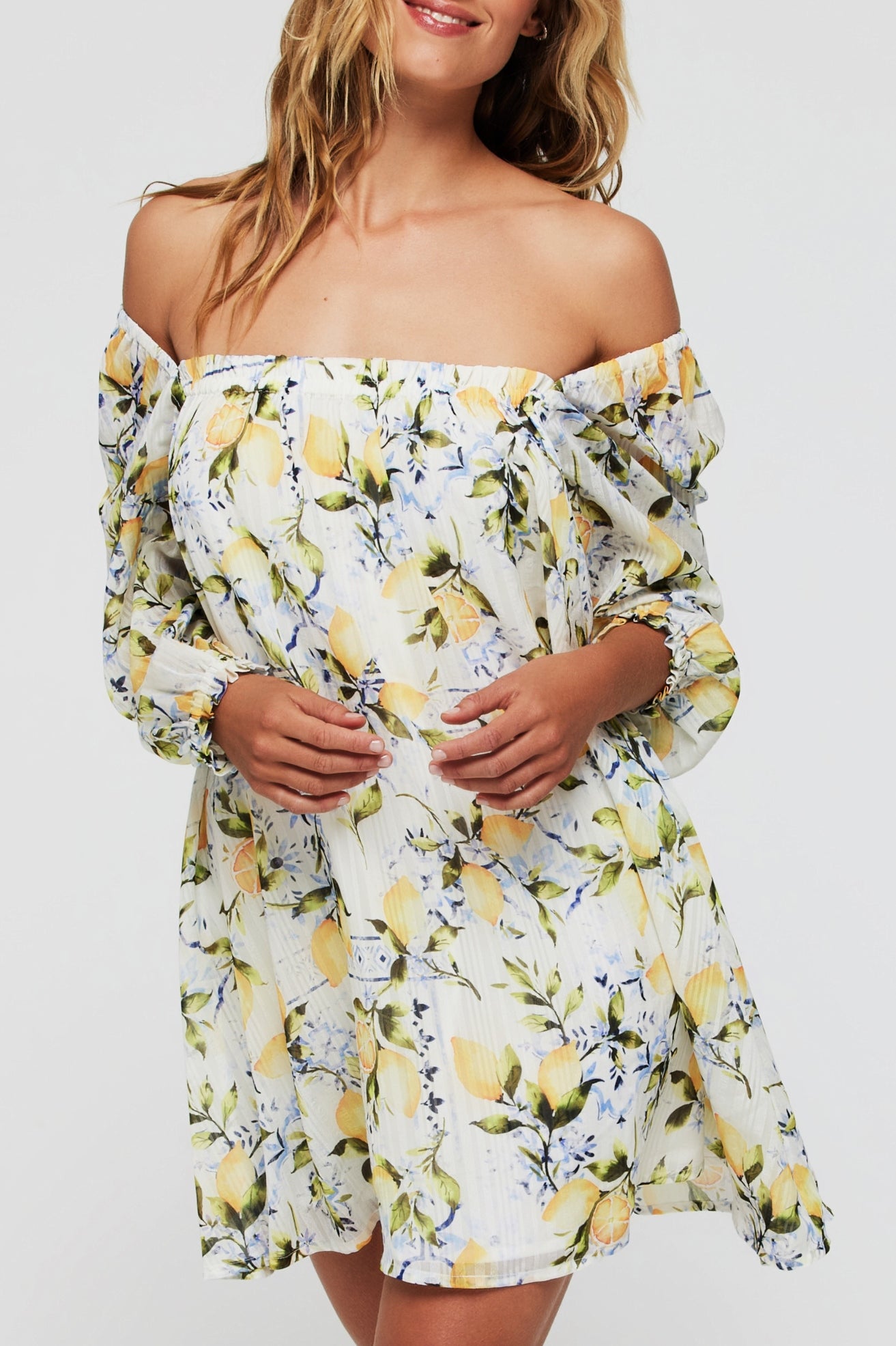 Favorite Lina Long Sleeve Cover Up Mini Dress in Lemons by Hermoza