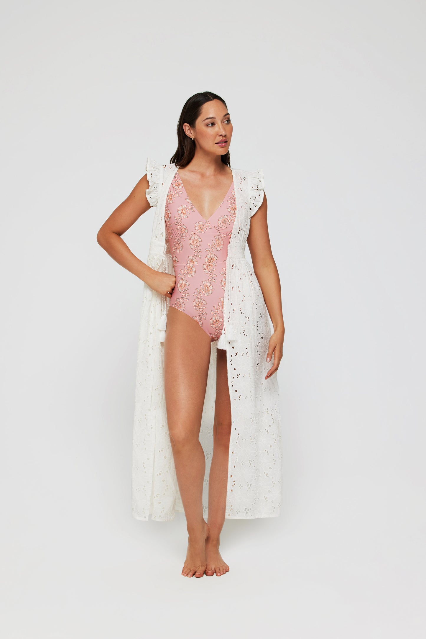 Rosanna Tie Cinched Tunic Cover Up in White Eyelet