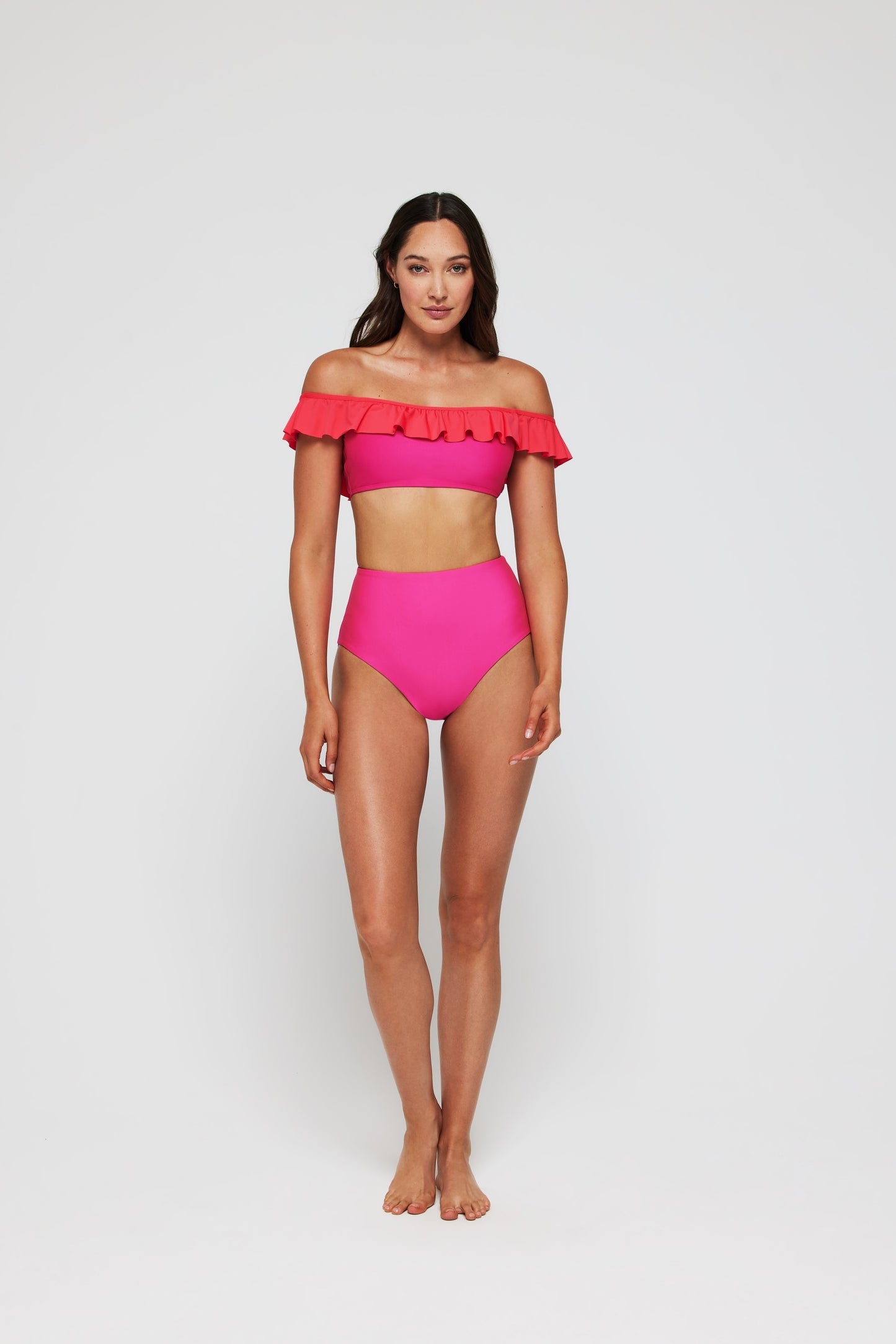 Best Seller Toni Ruffle Off-The-Shoulder Two-Piece Bikini Top in Rosa by Hermoza
