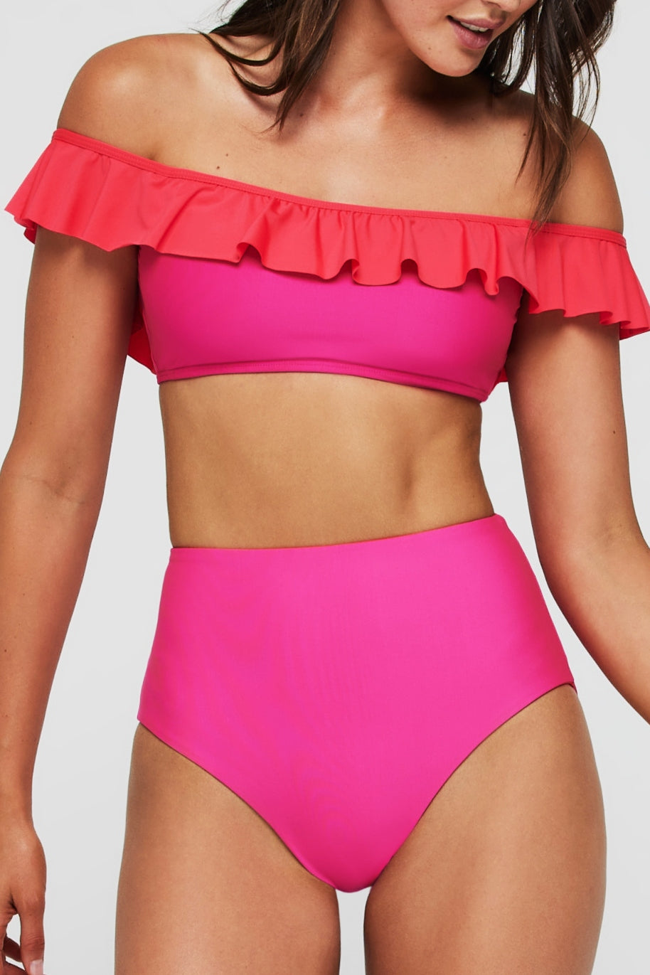 Best Seller Toni Ruffle Off-The-Shoulder Two-Piece Bikini Top in Rosa by Hermoza