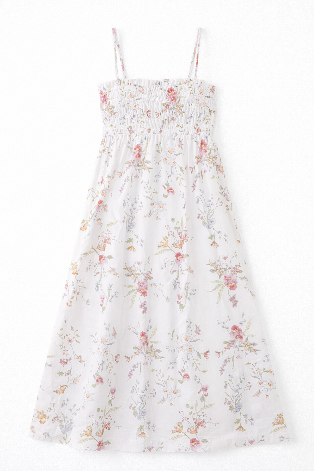 Margot Smocked Spaghetti Strap Midi Dress in White Floral - FINAL SALE
