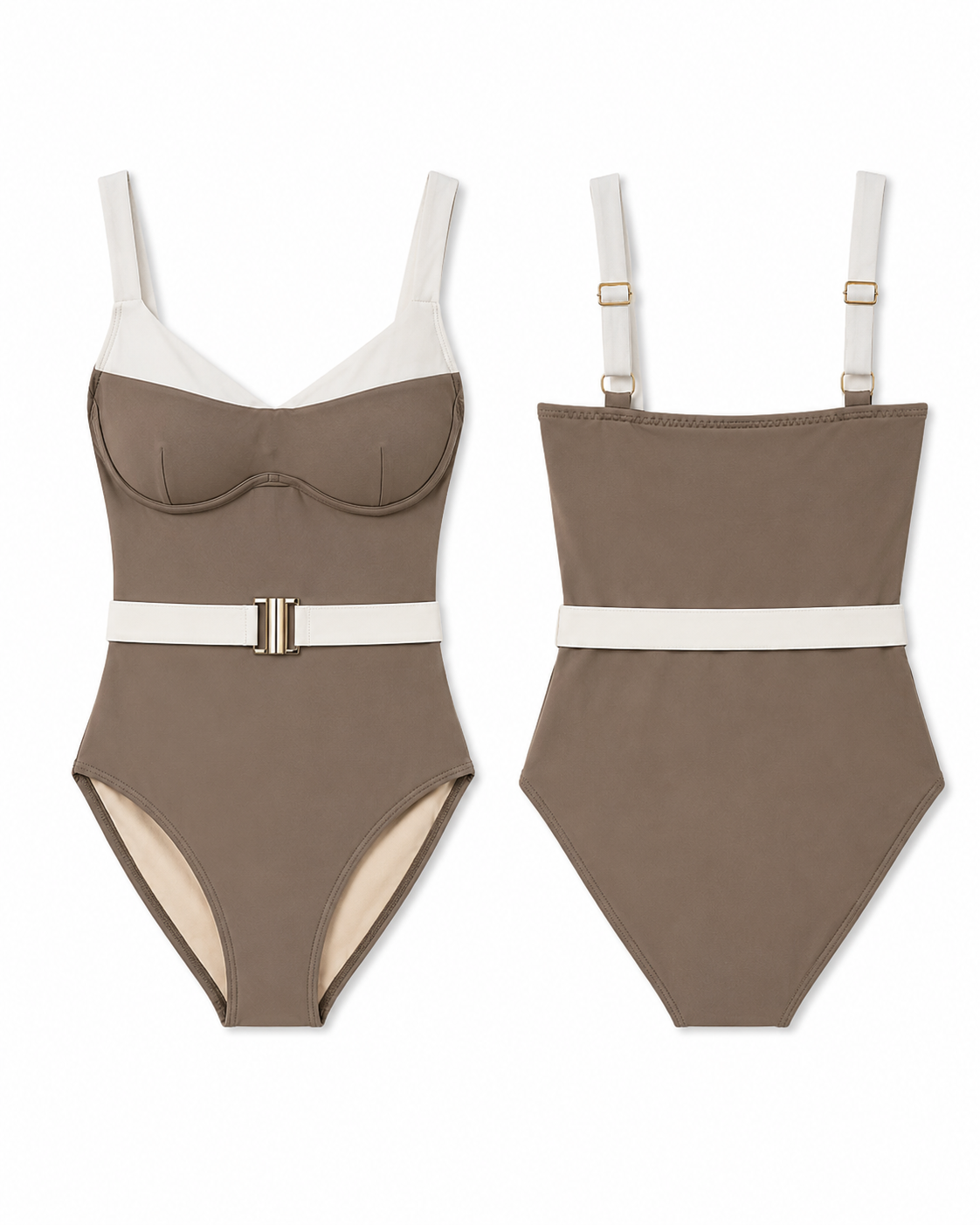 Tamara Belted Retro One-Piece Swimsuit in Taupe