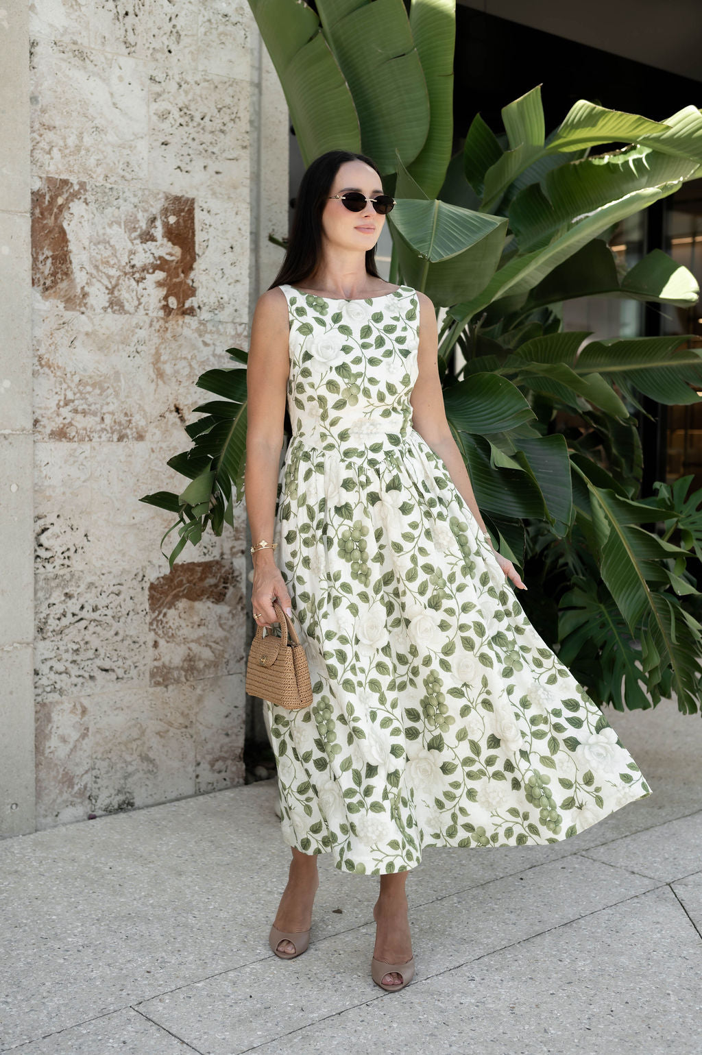 Victoria Boat Neck Linen Midi Dress in Roses on the Vine