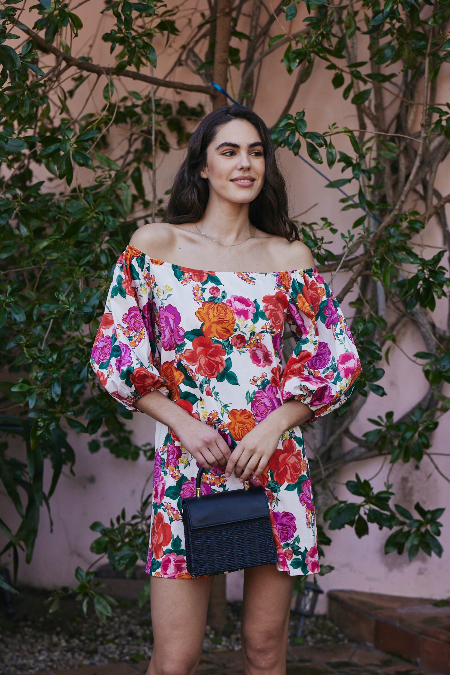 Favorite Felicity Mini Off-The-Shoulder Dress in Rose Floral by Hermoza