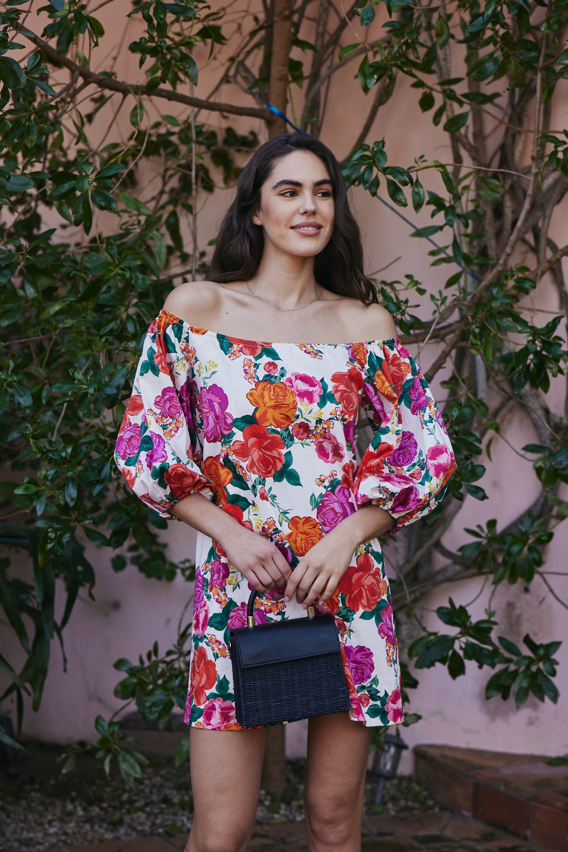 Favorite Felicity Mini Off-The-Shoulder Dress in Rose Floral by Hermoza
