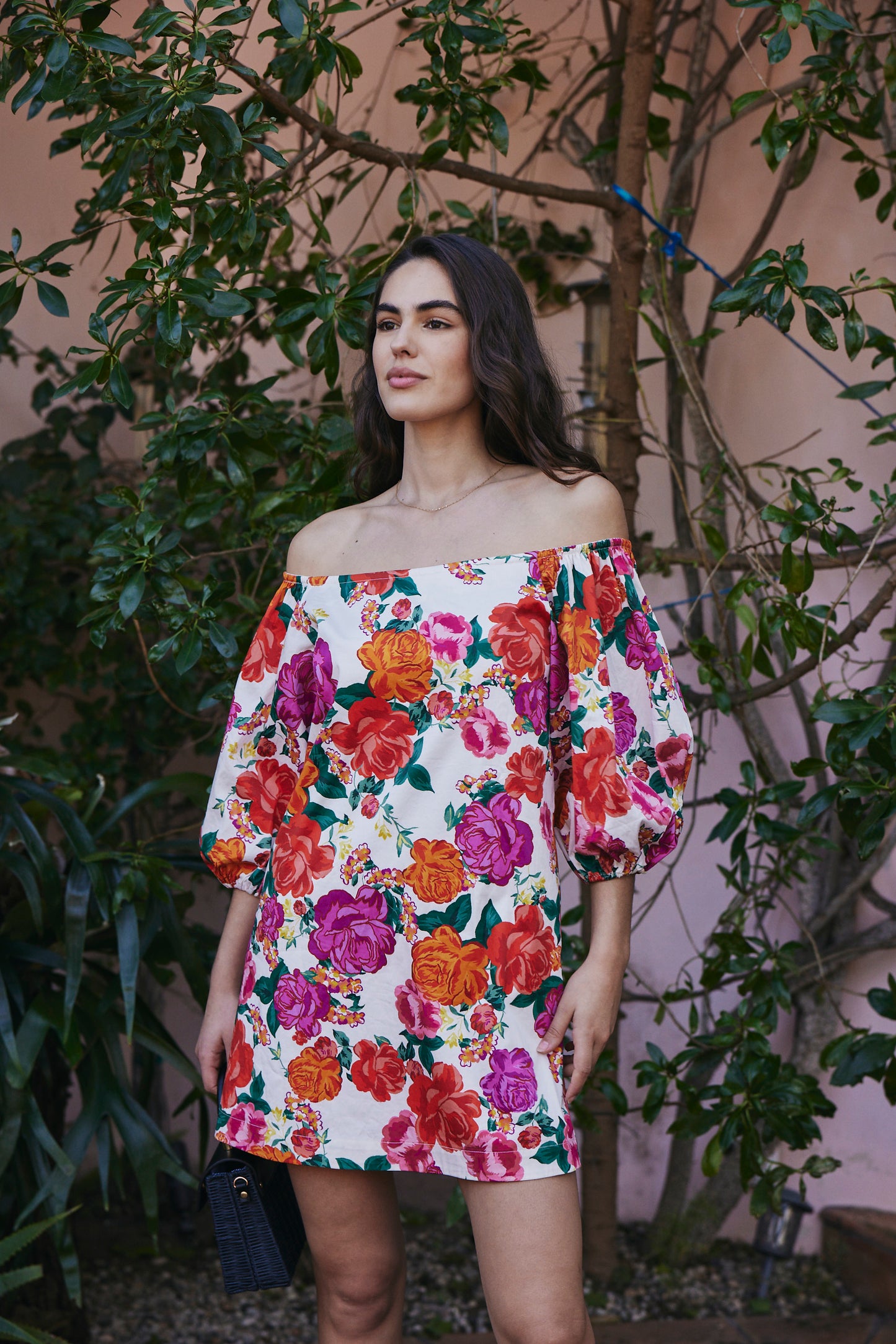 Favorite Felicity Mini Off-The-Shoulder Dress in Rose Floral by Hermoza