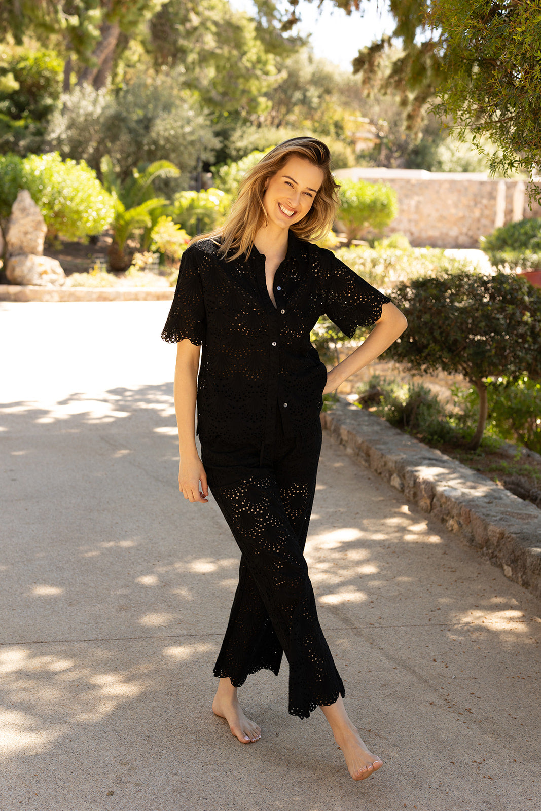 Dana Button Down Short Sleeve Shirt in Black Eyelet