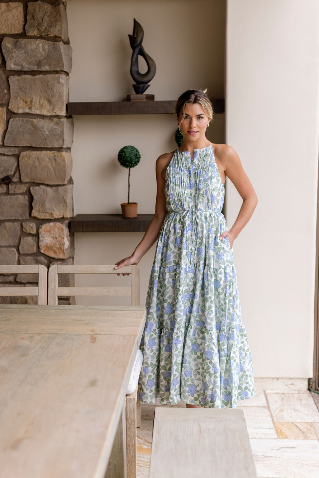 Favorite Hilde High Neck Halter Button Front Maxi Dress in Blue Floral by Hermoza