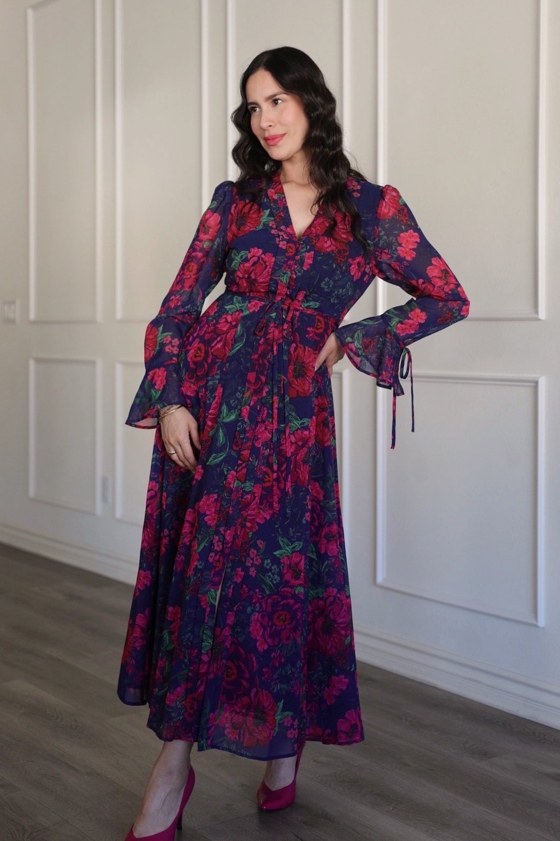 Favorite Cristina Button Front Maxi Dress in Floral Chiffon by Hermoza