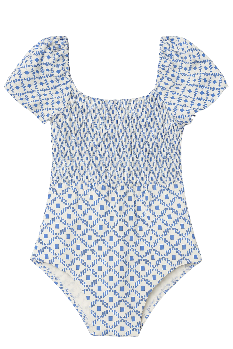 Blue and white patterned swimsuit on a white background