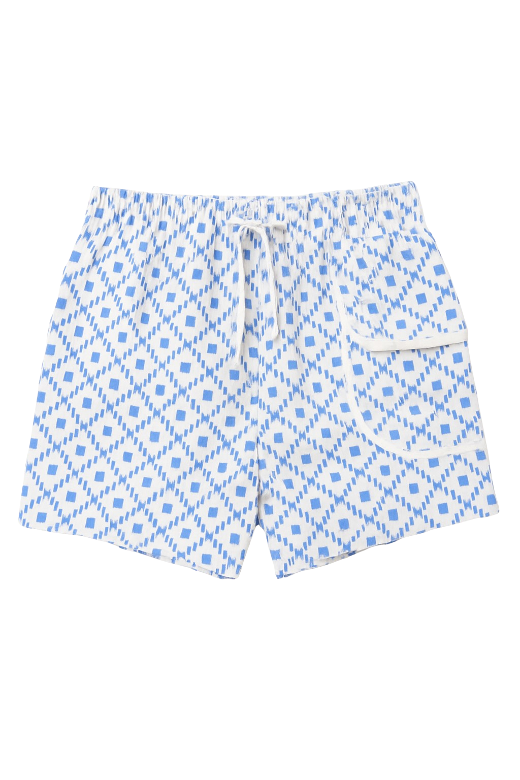 Blue and white patterned shorts on a white background