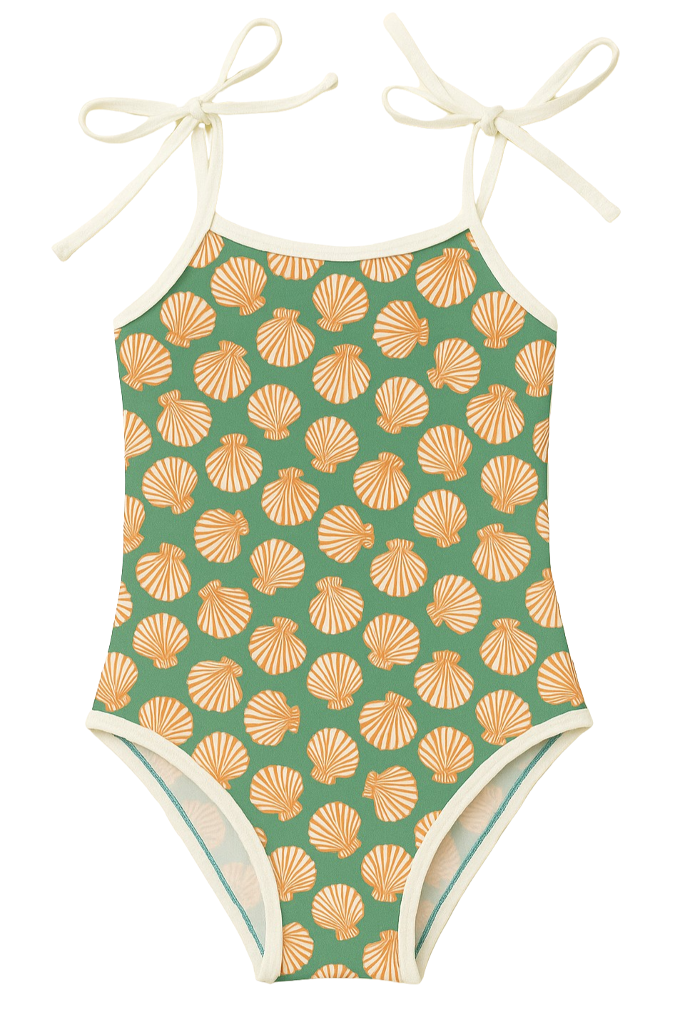 One-piece swimsuit with shell pattern on a green background