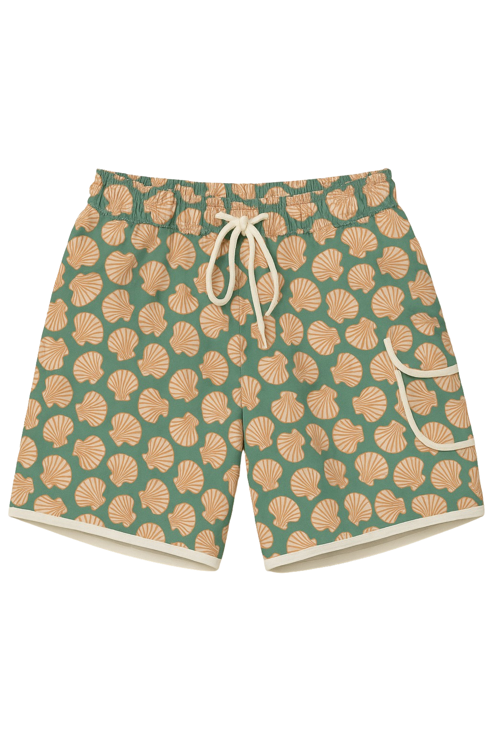 Green swim shorts with shell pattern on a white background