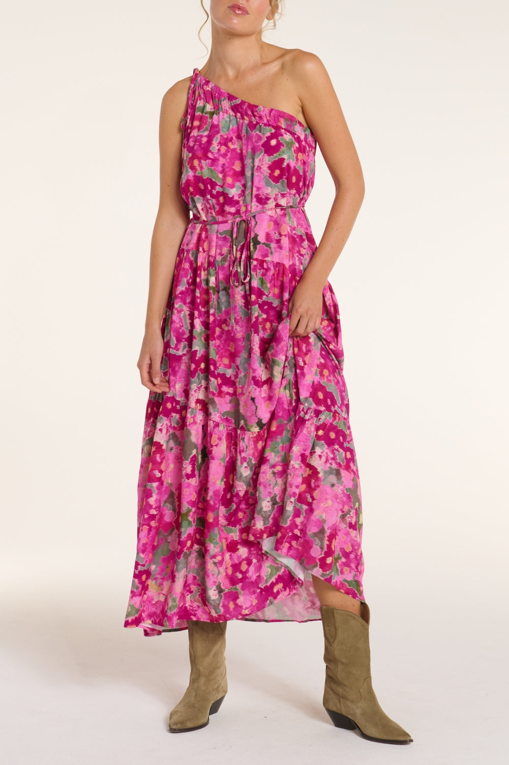 Favorite Joyce One-Shoulder Belted Tie Maxi Dress in Pink Ikat by Hermoza