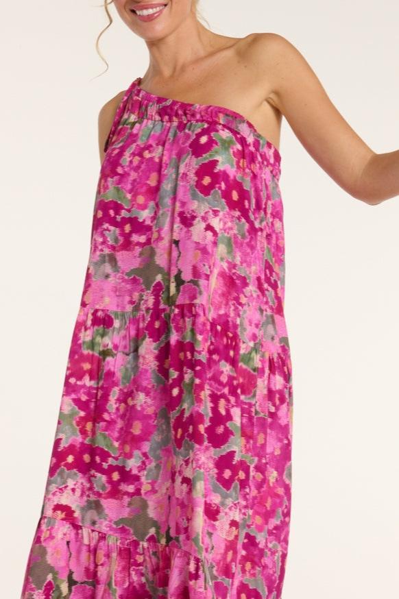 Favorite Joyce One-Shoulder Belted Tie Maxi Dress in Pink Ikat by Hermoza