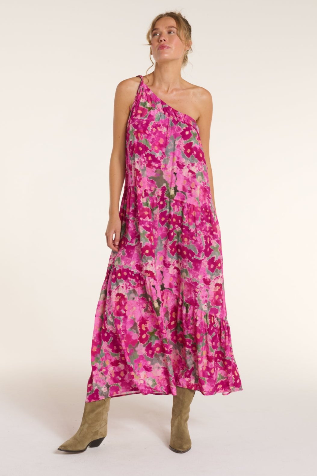 Favorite Joyce One-Shoulder Belted Tie Maxi Dress in Pink Ikat by Hermoza