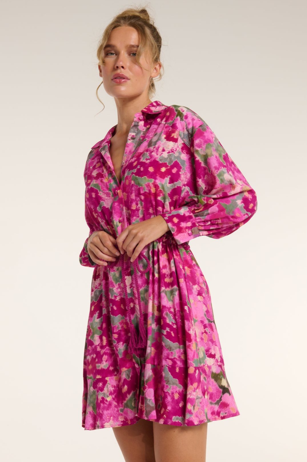 Favorite Rebecca Collared Tie Mini Dress in Pink Floral Ikat by Hermoza