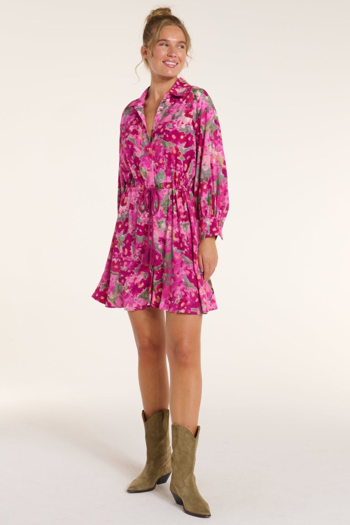 Favorite Rebecca Collared Tie Mini Dress in Pink Floral Ikat by Hermoza