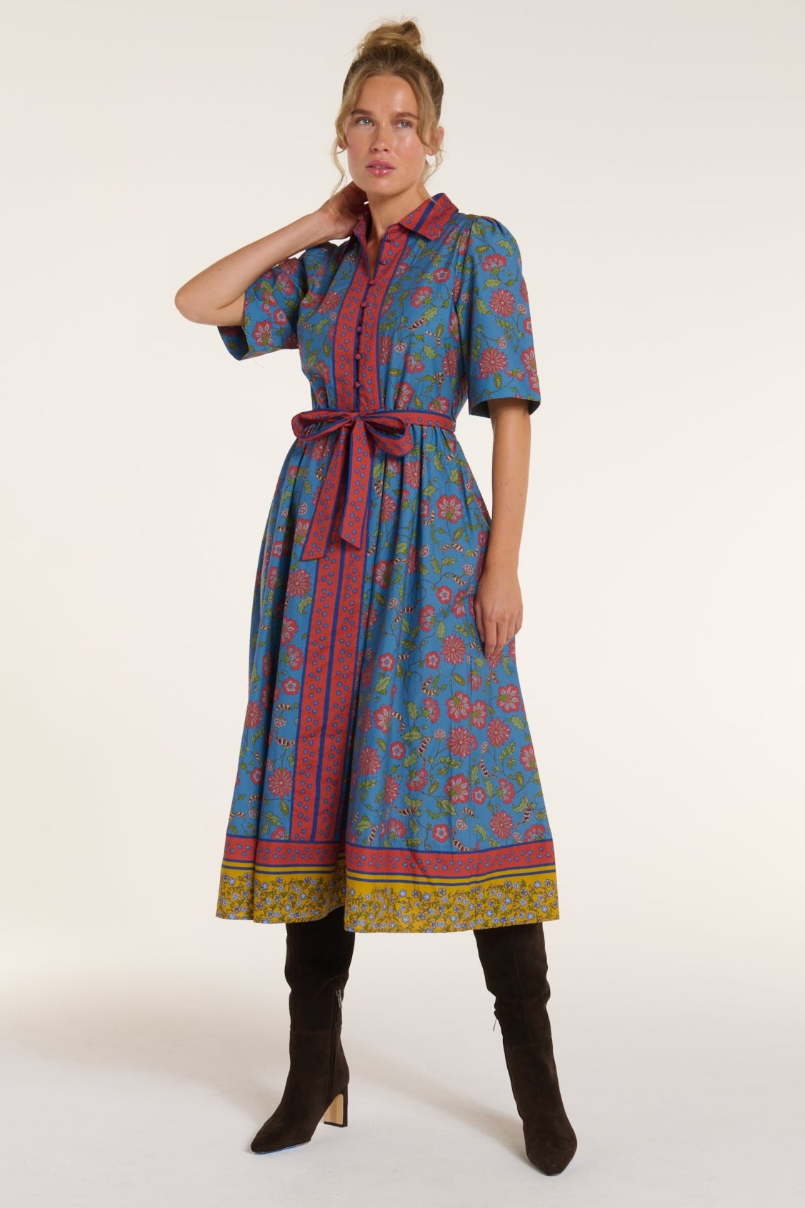 New in. Alexandra Collar Belted Tie Midi Dress by Hermoza