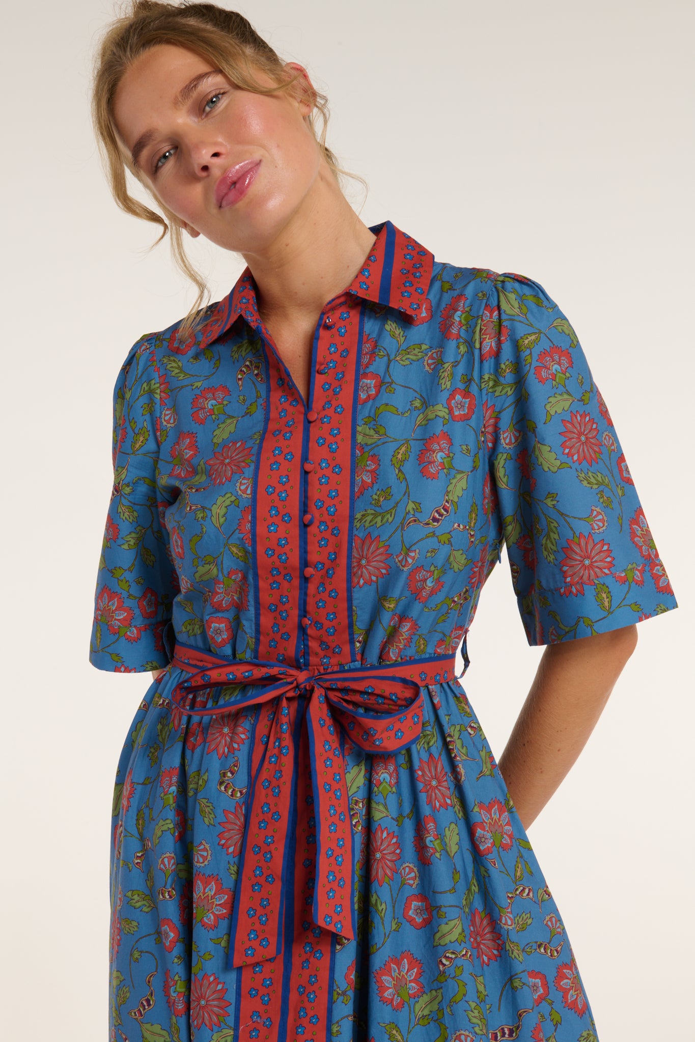 New in. Alexandra Collar Belted Tie Midi Dress by Hermoza