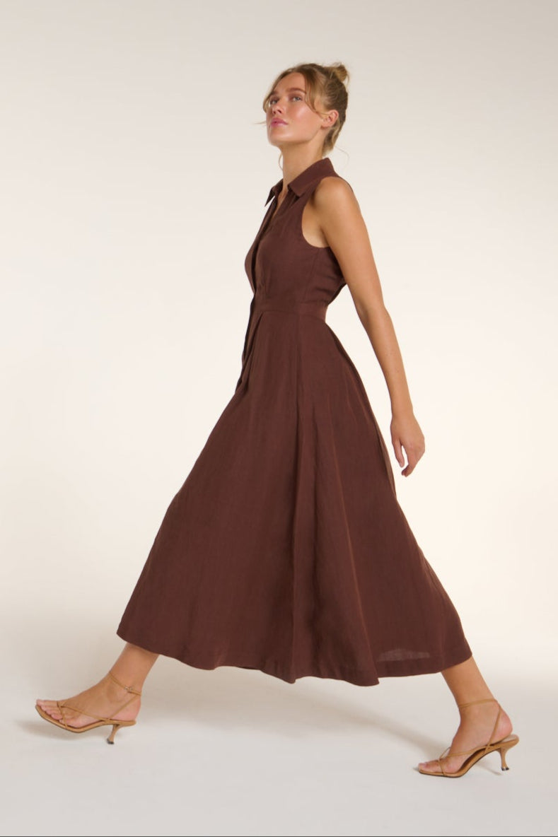 New in Stacia Collared Button Front Panel Midi Dress in Shaved Chocolate by Hermoza