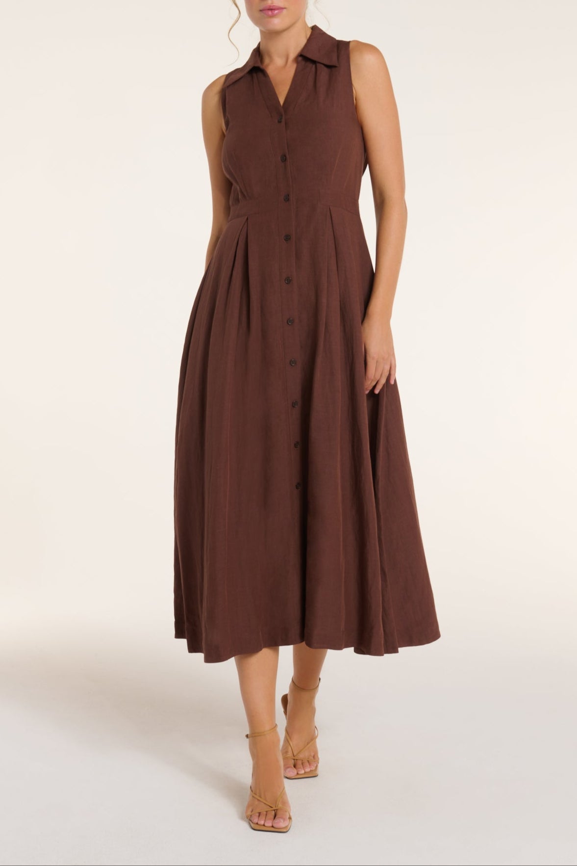 New in Stacia Collared Button Front Panel Midi Dress in Shaved Chocolate by Hermoza