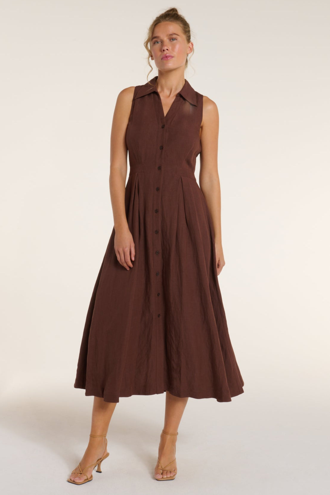 New in Stacia Collared Button Front Panel Midi Dress in Shaved Chocolate by Hermoza