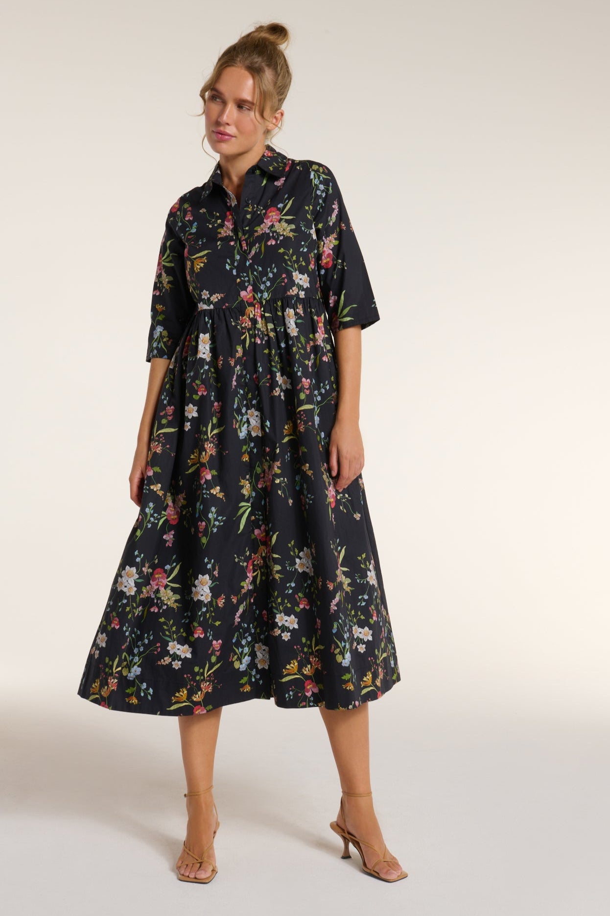 Back in Francesca Collared Belted Maxi Dress in Black Floral by Hermoza